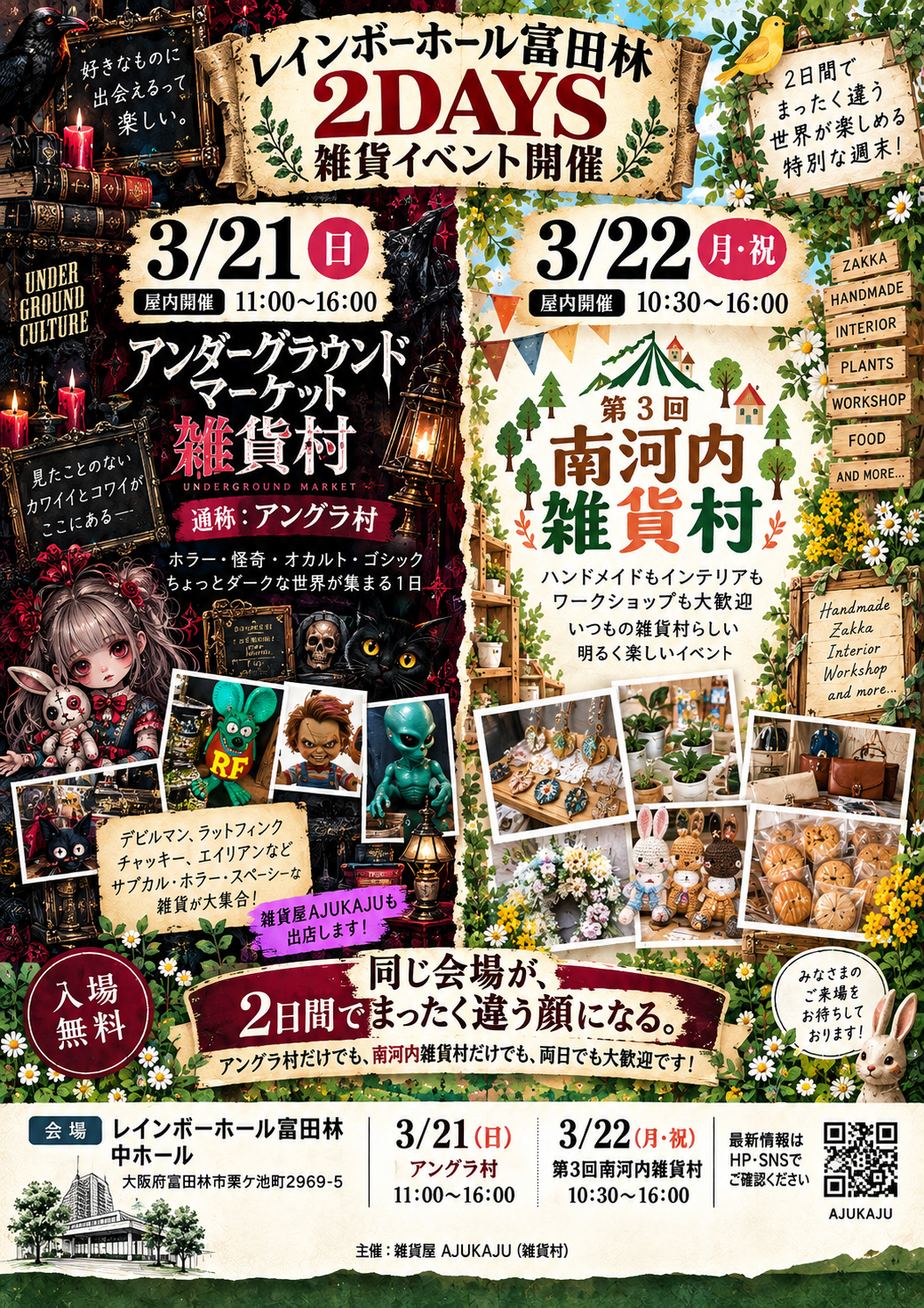 出店者募集中【2027/3/21(日)+22(月・祝)開催】アングラ村+第3回河内雑貨村 in レインボーホール(富田林市民会館)　