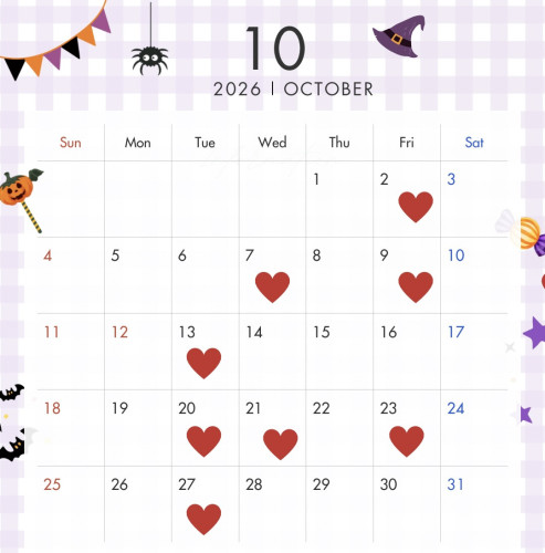 紫とオレンジ　かわいい　ハロウィン　2026年　10月　営業日　カレンダー　Instagram投稿.jpeg