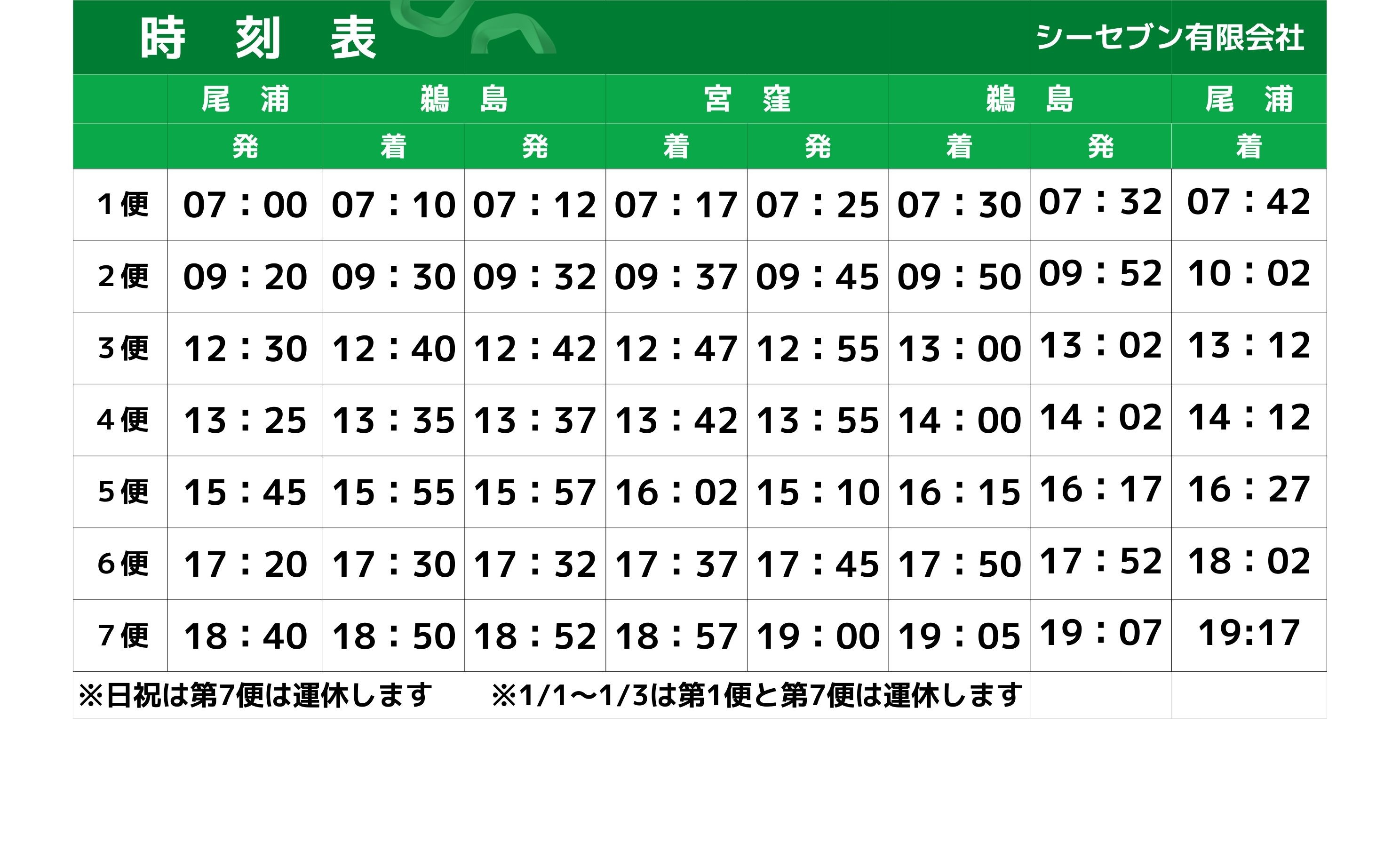 時刻表 - 尾浦～鵜島～宮窪 フェリー「のしま7」