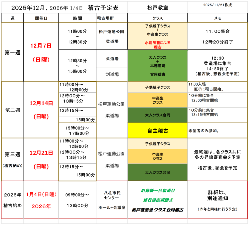 【新着情報】２０２５年１2月度+２０２６年１月４日　稽古予定