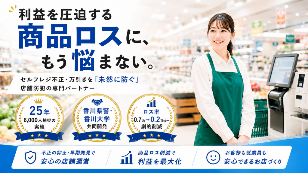 利益を圧迫する商品ロスに、もう悩まない。セルフレジ不正・万引きを「未然に防ぐ」店舗防犯の専門パートナー。25年・6,000人捕捉の実績、香川県警・香川大学共同開発、ロス率0.7%&rarr;0.2%台へ劇的削減。安心の店舗運営、利益を最大化、安心できるお店づくり。