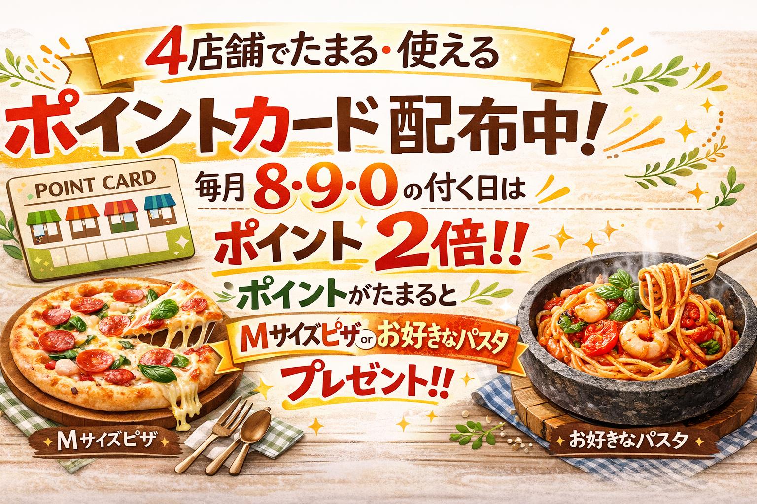 3/1スタート 4店舗共通ポイントカード（ポイント2倍デーあり）