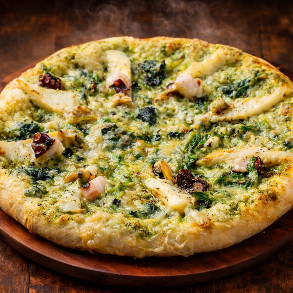 タコ・イカ・アサリのジェノベーゼ（海の恵み×バジルソース）｜ナチュラルスマイルピザ