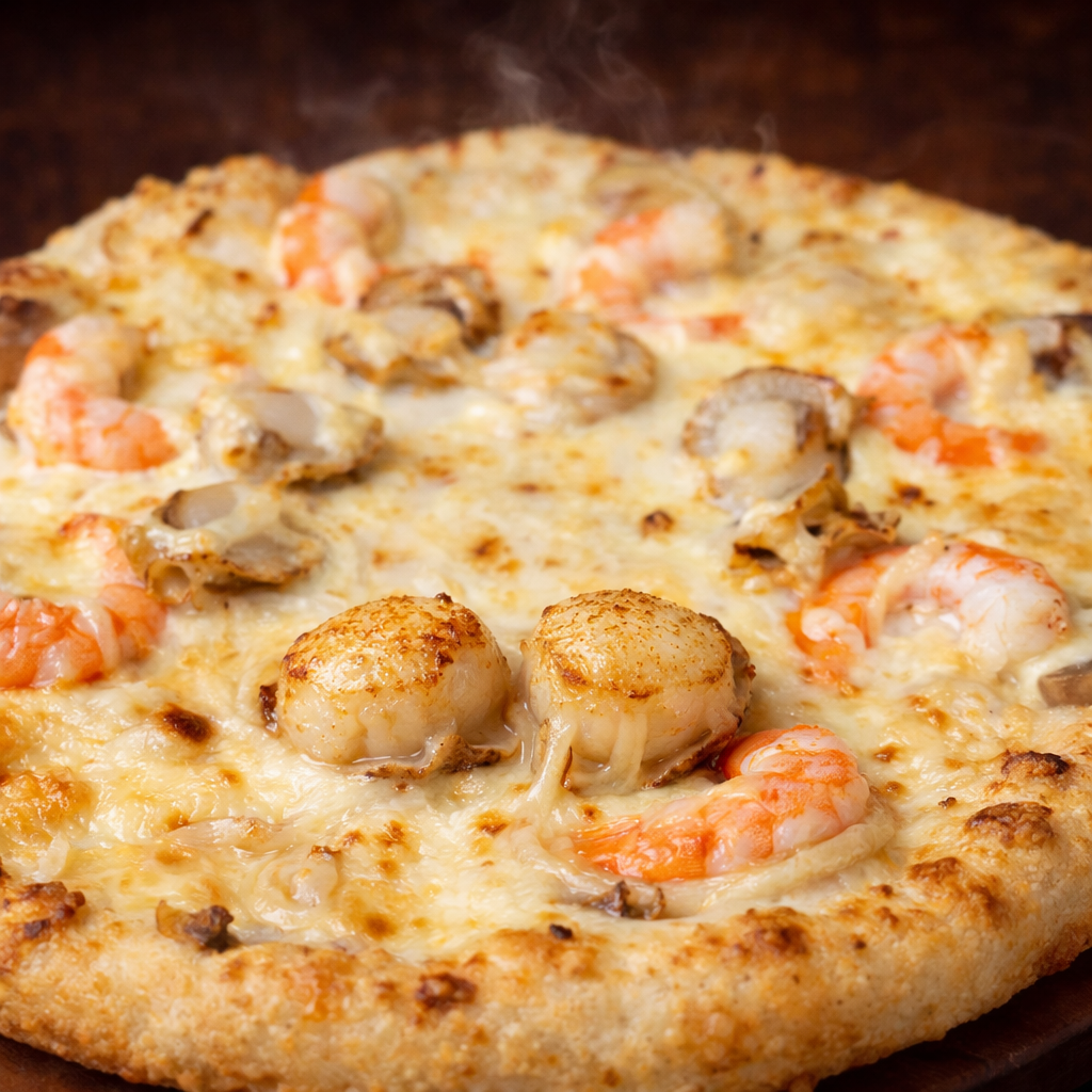 シーフードクイーン（エビ＆ホタテを贅沢に／ホワイトソースのグラタン風）｜ナチュラルスマイルピザ