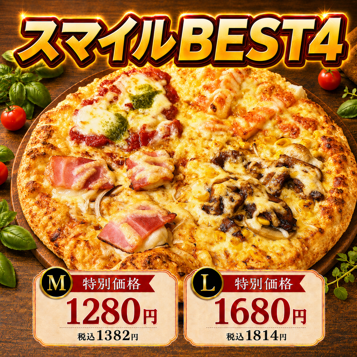 スマイルBEST4｜マルゲリータ／照焼チキンスマイル／おもちと明太子／北海道ポテト