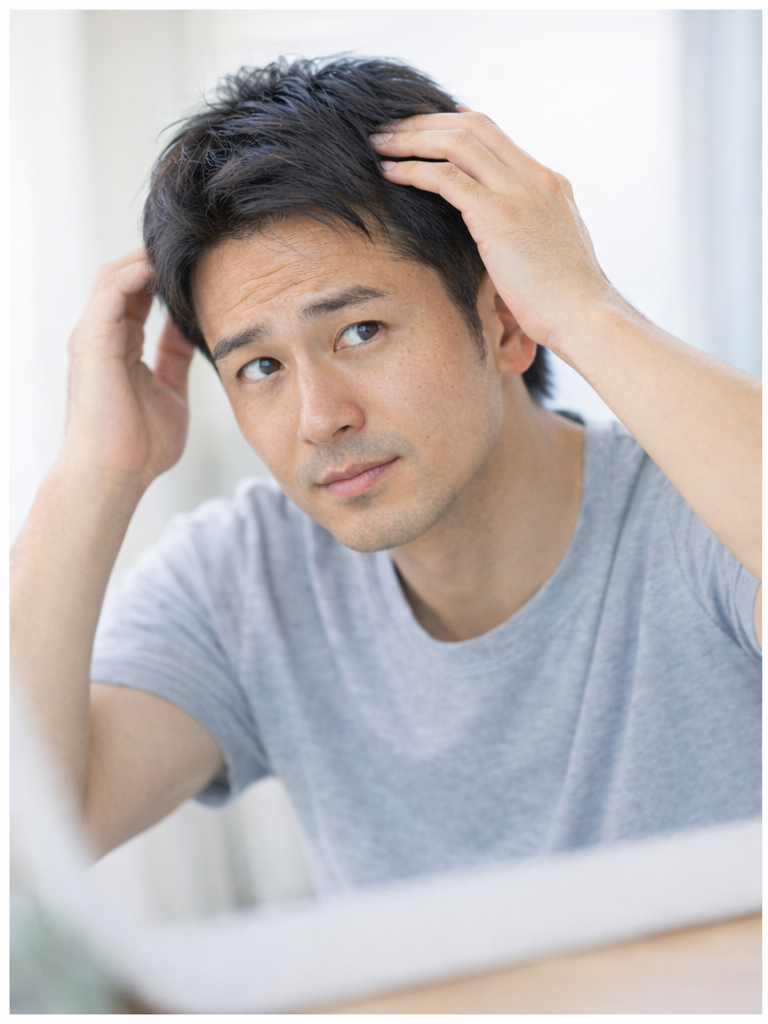 生え際や頭頂部の薄毛に悩む男性のイメージ