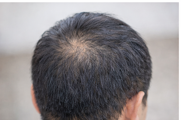 頭頂部の薄毛を気にして鏡を見る男性