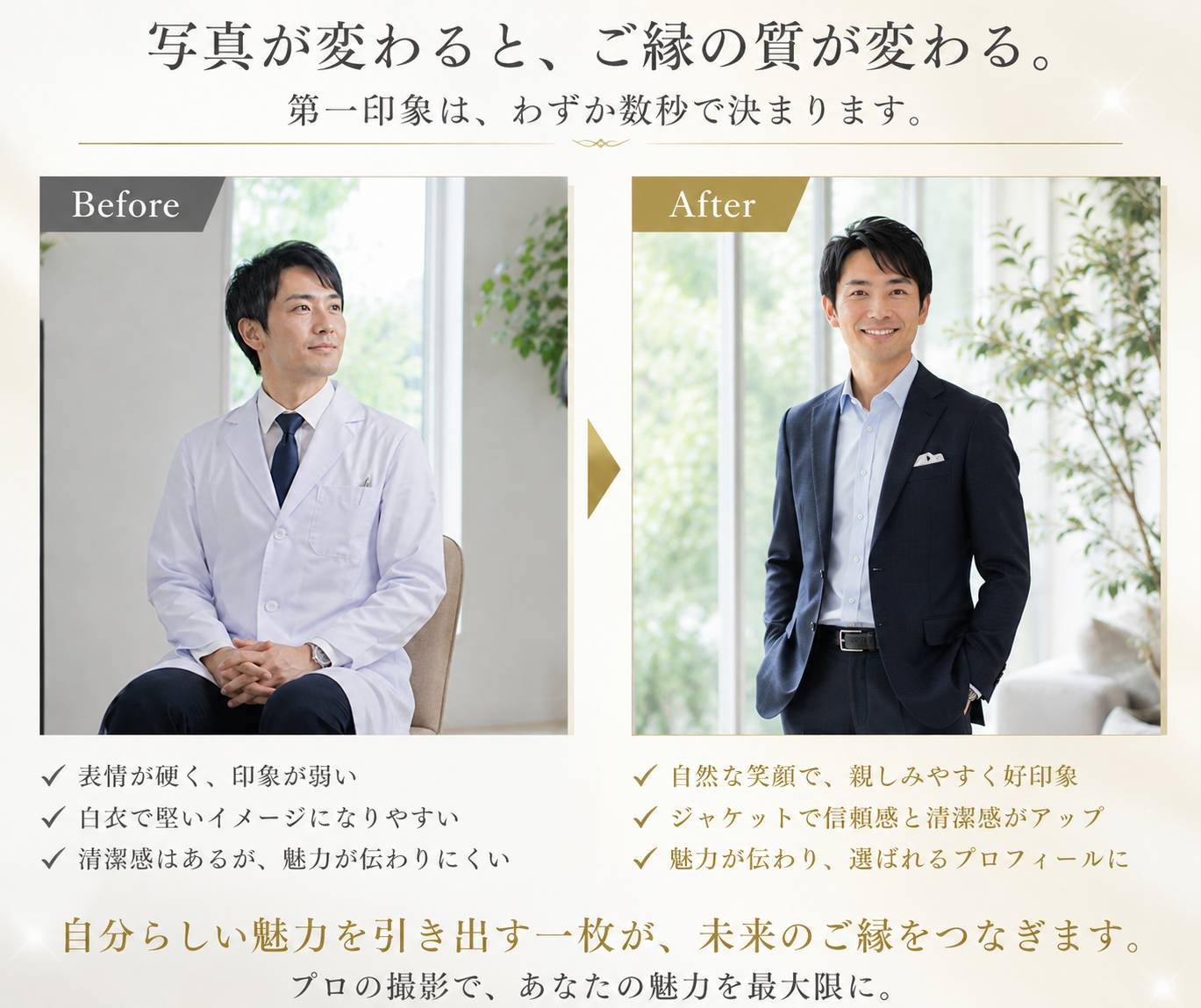 男性医師の婚活写真ビフォーアフター