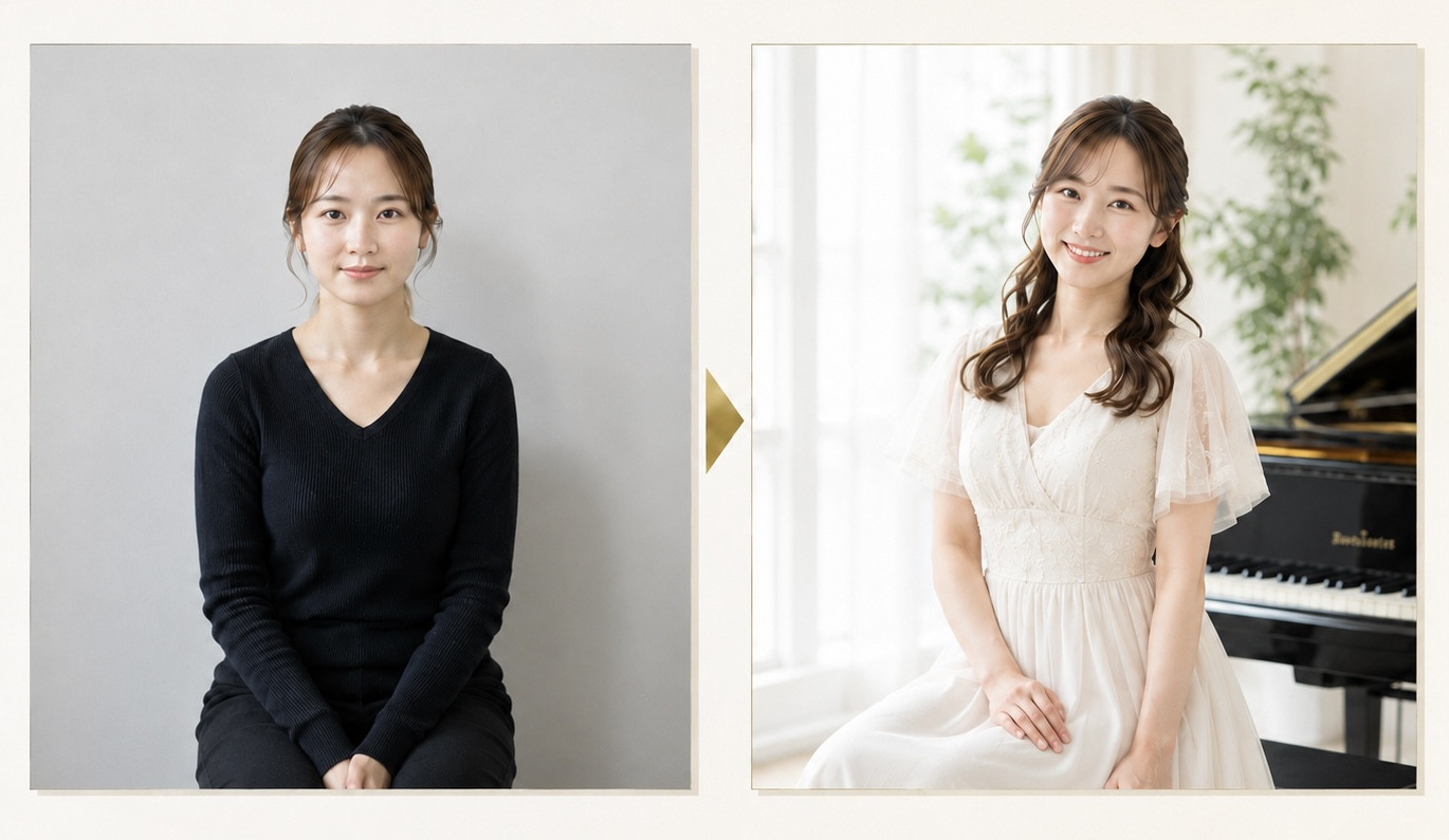 女性音楽家の婚活写真ビフォーアフター