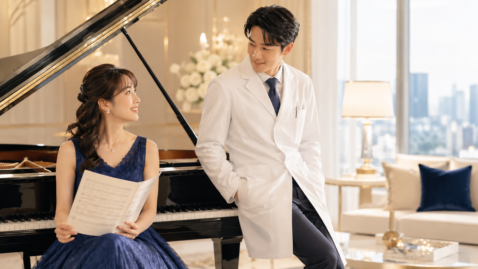 医師男性と音楽家女性の結婚をイメージした婚活シーン