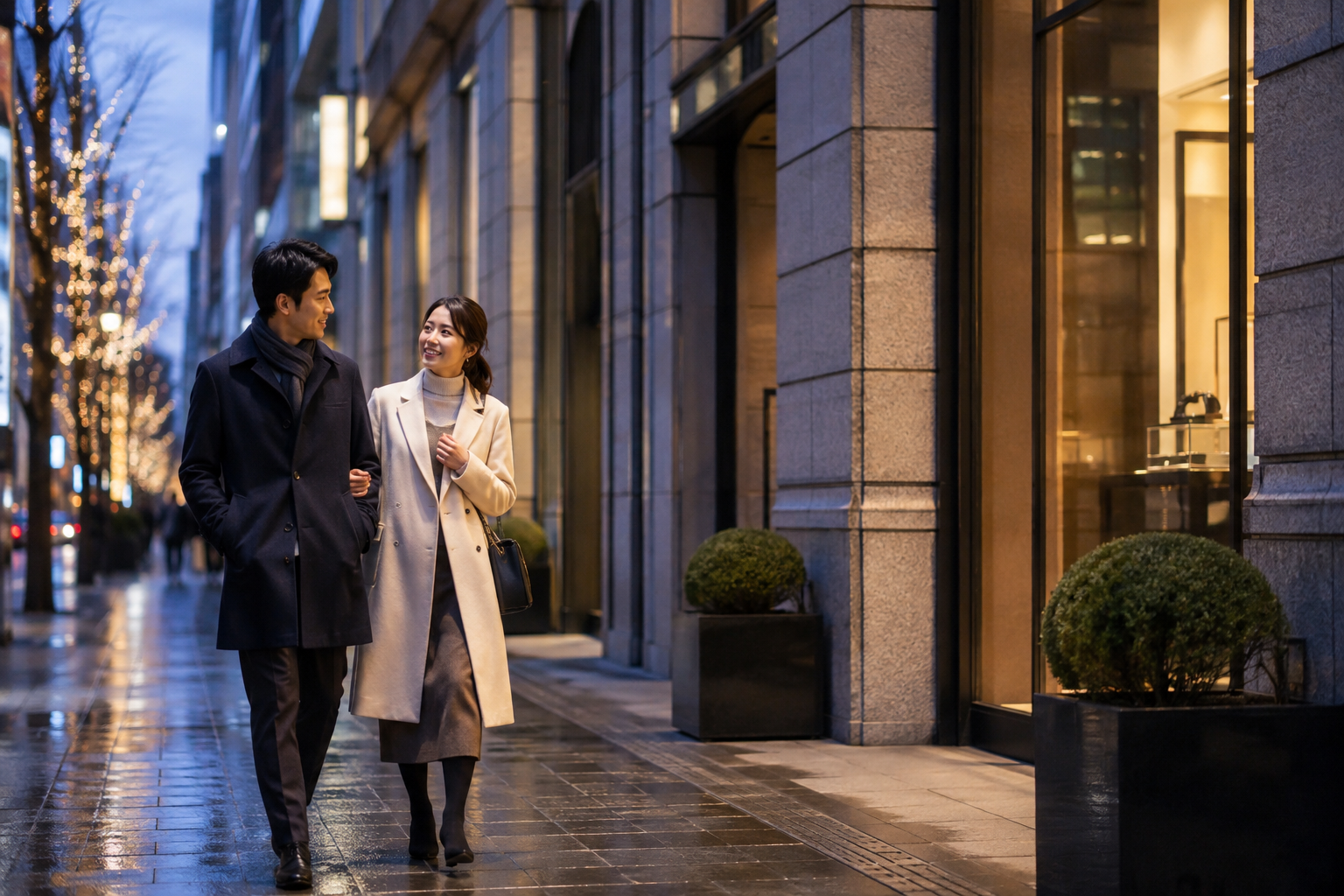 銀座を歩きながら将来を語るハイクラスの男女
