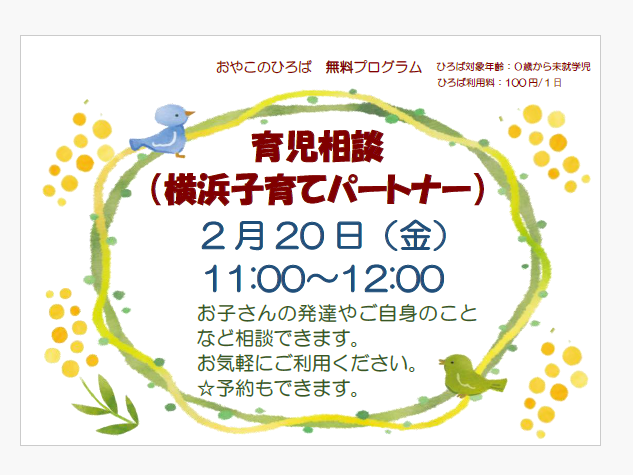 2月20日（金）　11：00～12：00　子育てパートナー育児相談