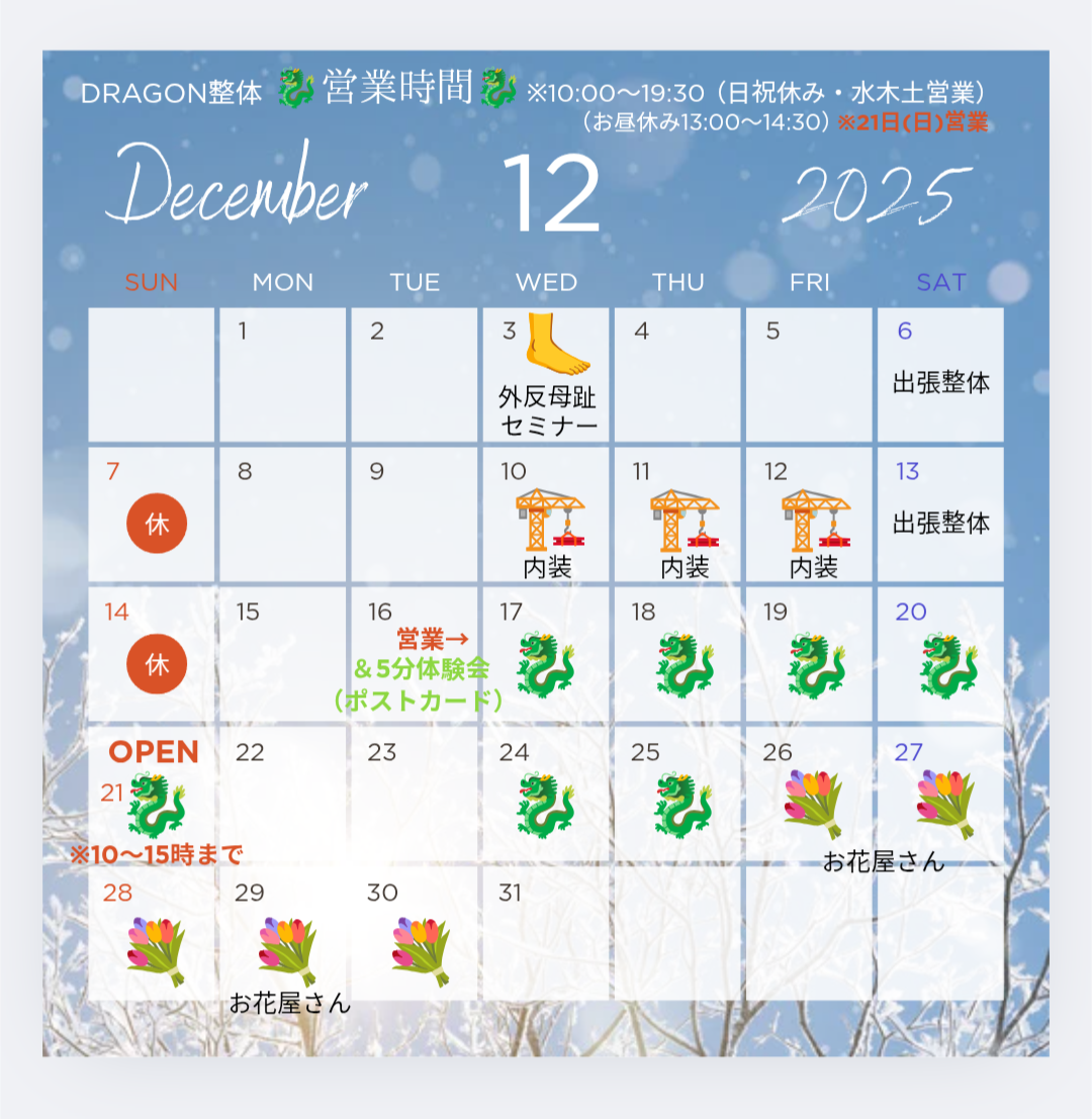 改めましてドラゴン整体 大森山王院の🎅12月カレンダー🎄