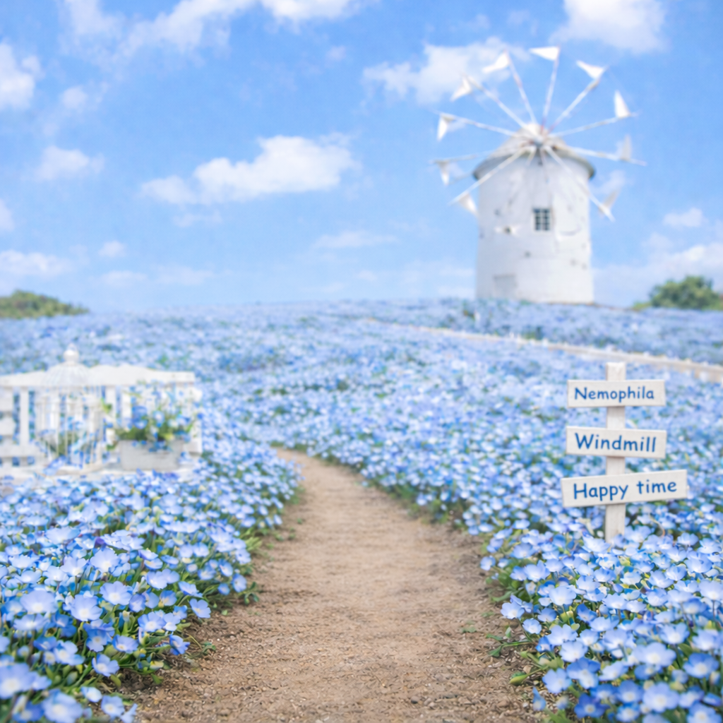 4月の撮影背景はネモフィラの丘です。トリミング後、ご希望の方にはワンちゃんの写真撮影をして無料でデータを差し上げています。