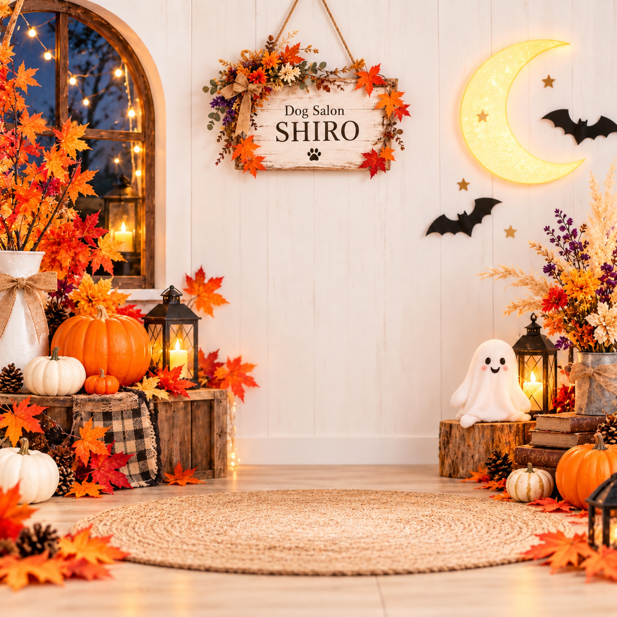 10月からの撮影背景はハロウィンです。トリミング後、ご希望の方にはワンちゃんの写真撮影をしてデータを差し上げています。