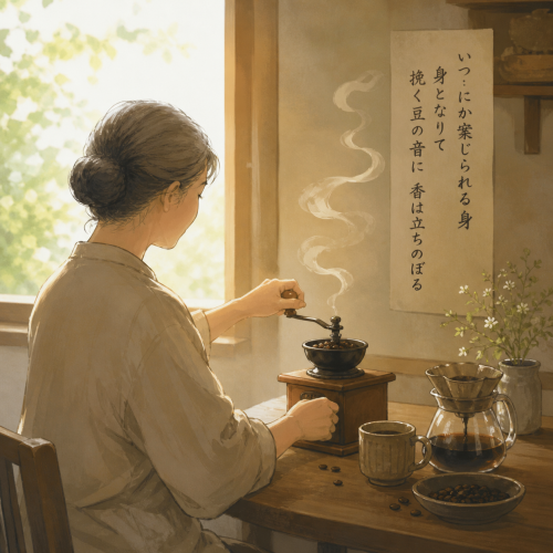 「いつしにか案じられるる身となりて挽く豆の音に香は立ちのぼる」.png