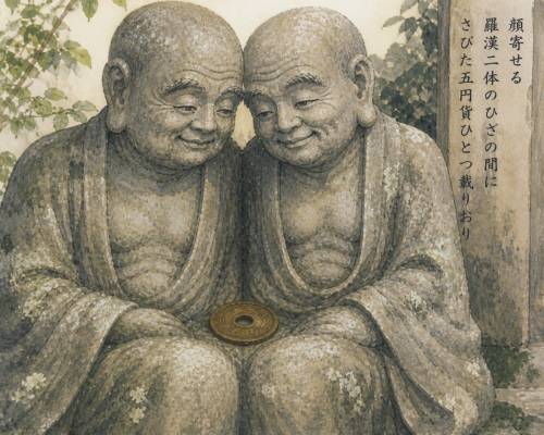 顔寄せる羅漢二体のひざの間にさびた五円貨ひとつ載りおり.png
