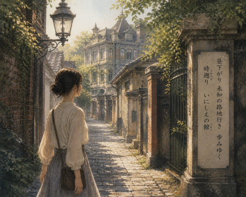 昼下がり　未知の路地行き　歩みゆく 時遡（さかのぼ）り　いにしえの館（やかた）.png