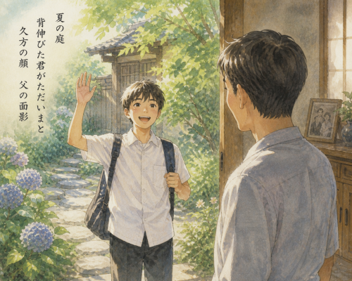 夏の庭　背伸びた君がただいまと　久方の顔　父の面影.png