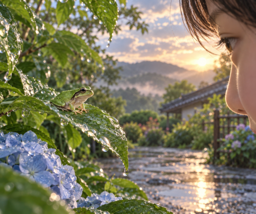 雨上がり　ちょこんと座る　夏蛙.png