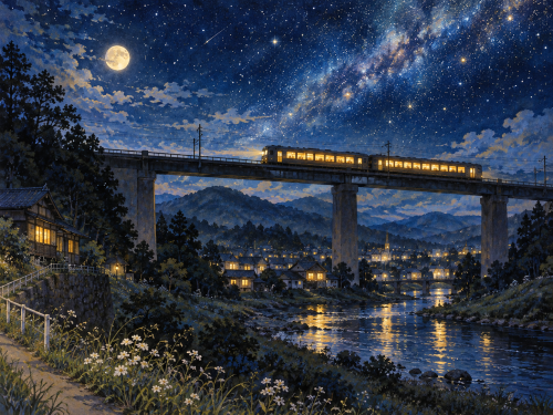 星月夜電車の灯り陸橋に賢治の童話.png