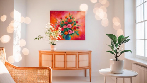 白い部屋、温かみのある家具　絵画　窓からの光　観葉植物1つ.jpg
