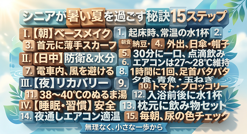 ミリオンAIトピック89（シニア向け：夏の健康・血液サラサラ 15ステップロードマップ.Ⅲ. 【夜】血管の柔軟性をリカバリー（ステップ 9〜12）