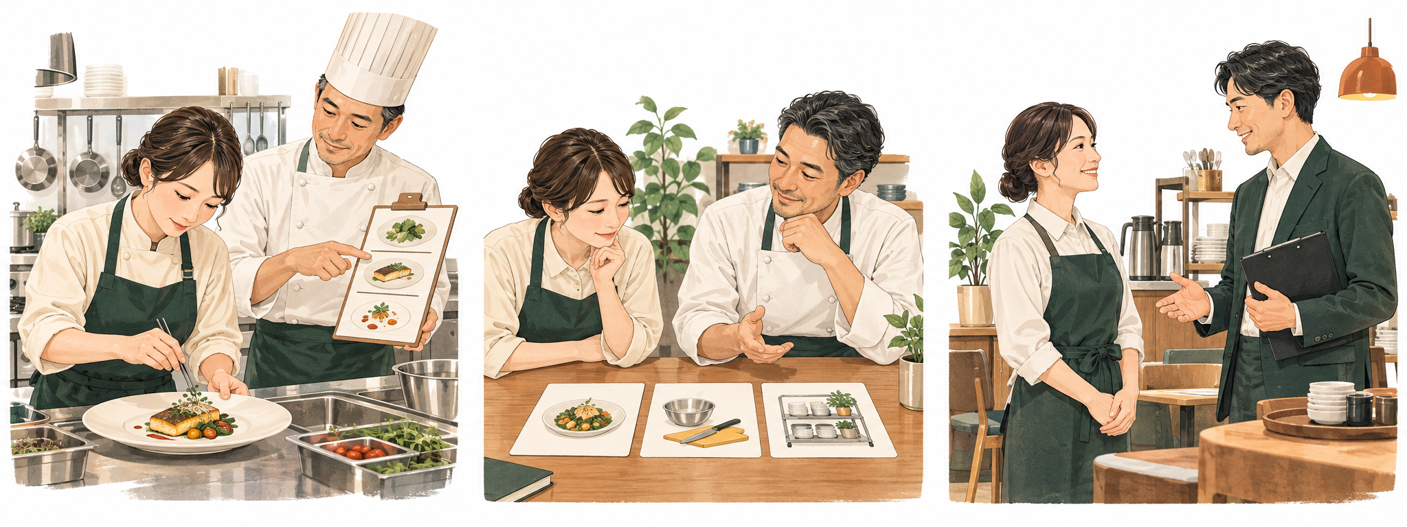 厨房で指導を受けながら仕事を試すイメージ