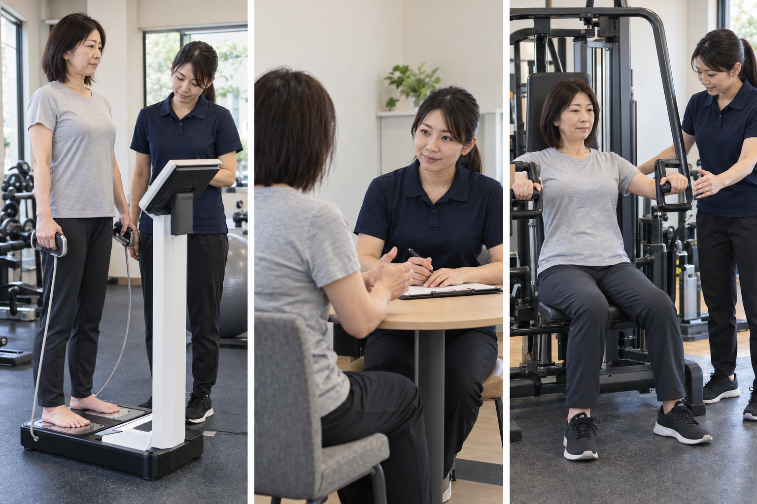 体組成測定、カウンセリング、マシン指導の3場面のイメージ