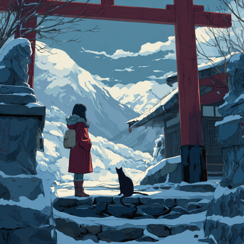 takahitoog_A_woman_and_a_cat_winter_anime_style_shrine_mountain_15536f23-4224-428c-8472-64a1444d4099.png