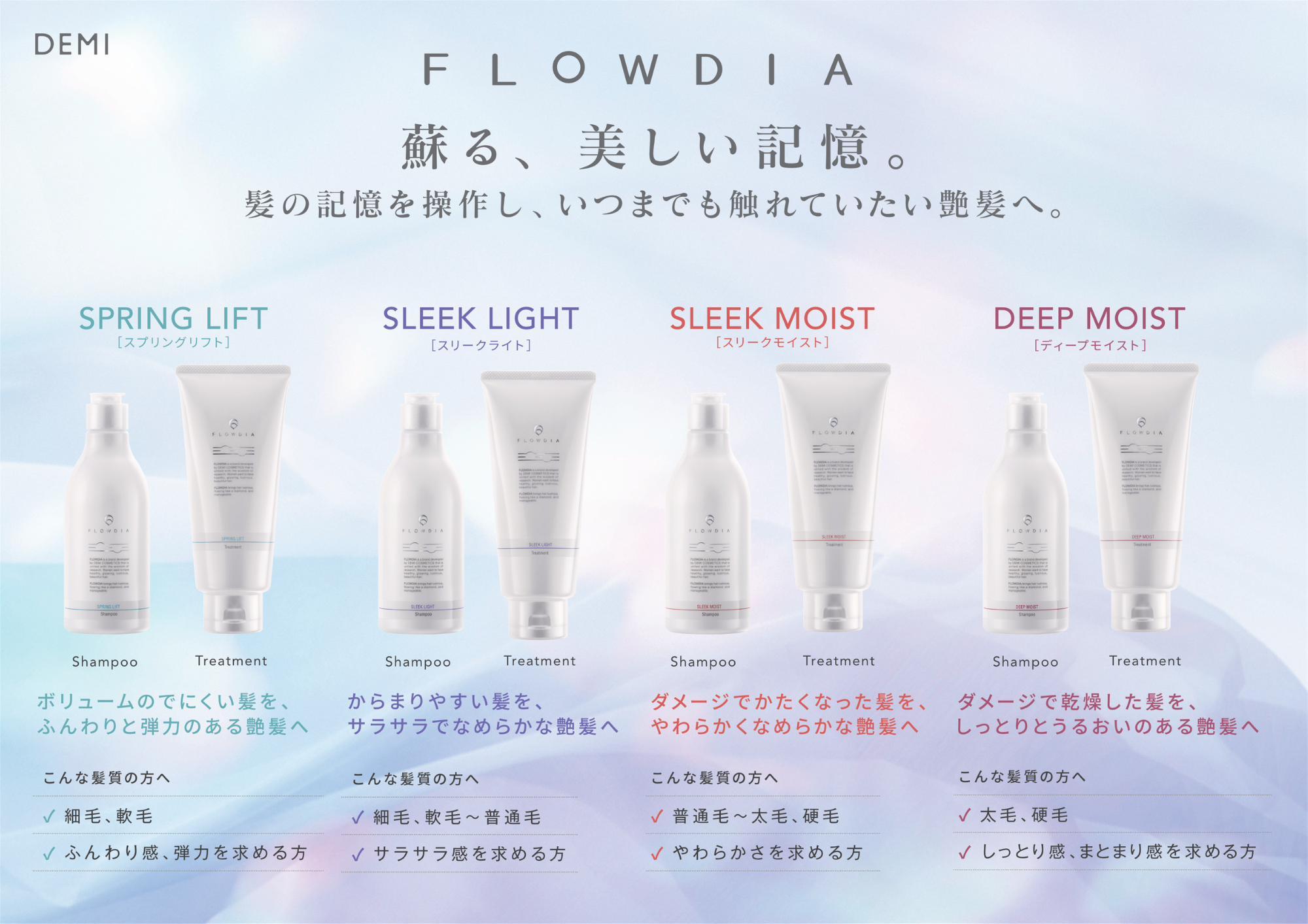 フローディアシャンプー＆トリートメント　SPRING LIFT 　　SLEEK LIGHT　　SLEEK MOIST　　　DEEP MOIST
