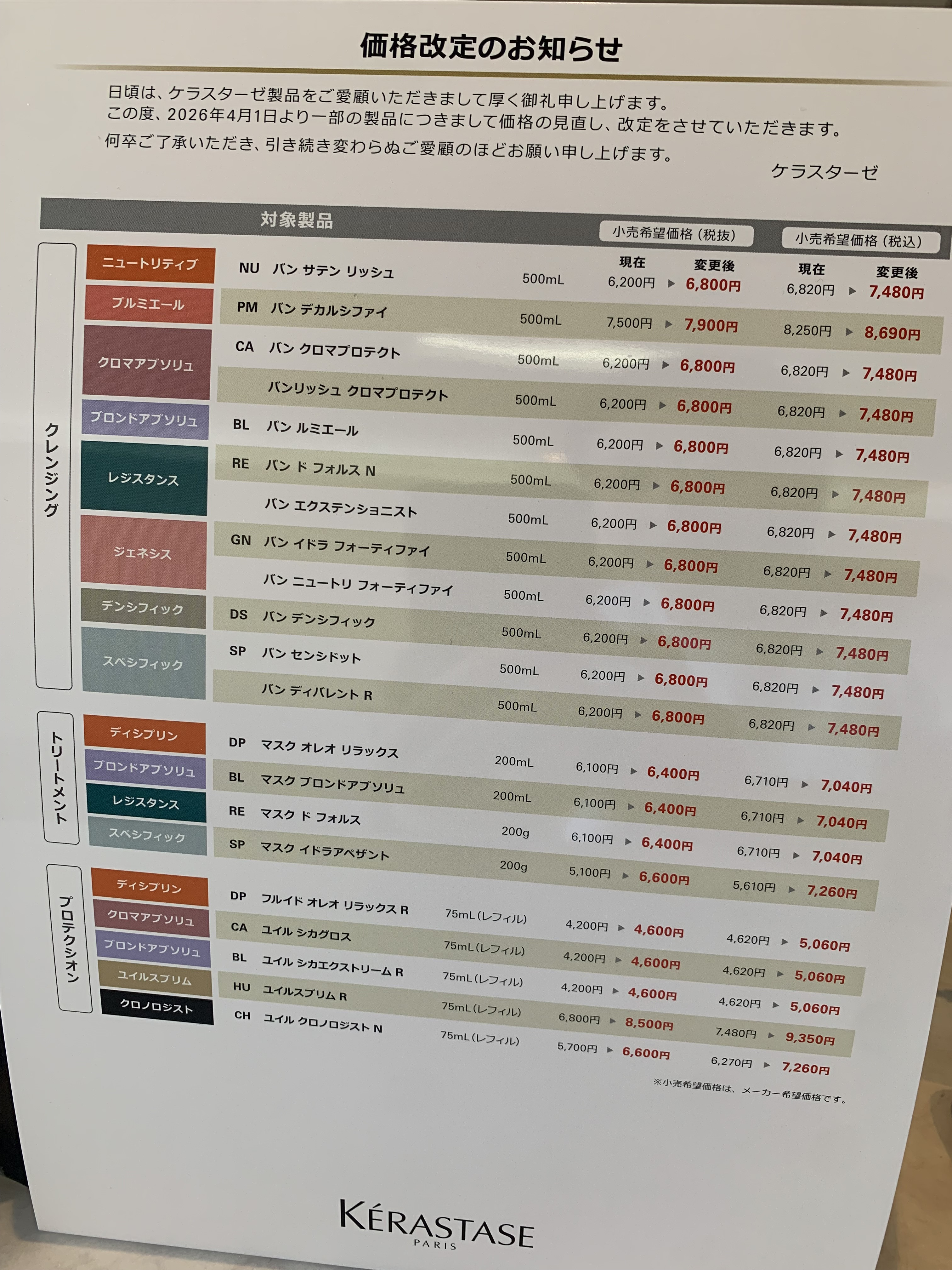 ケラスターゼ価格改定のお知らせ - 岐阜市のケラスターゼヘアサロン