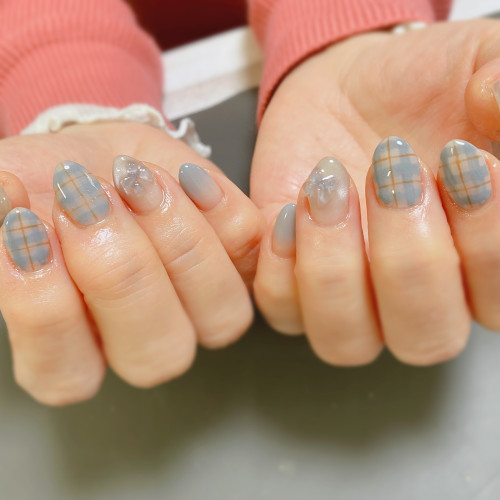 チェック×リボンネイル
