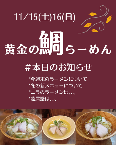 11/15(土)16(日)は「黄金の鯛らーめん」