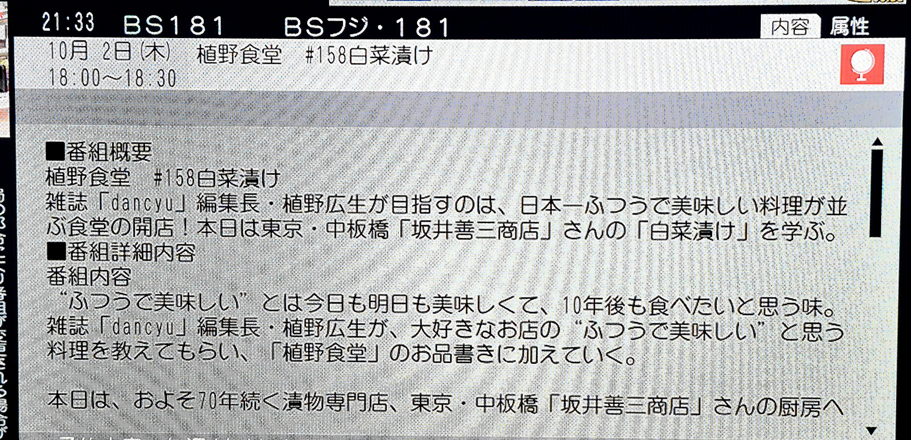 BSフジ「日本一ふつうで美味しい植野食堂｣再放送です。