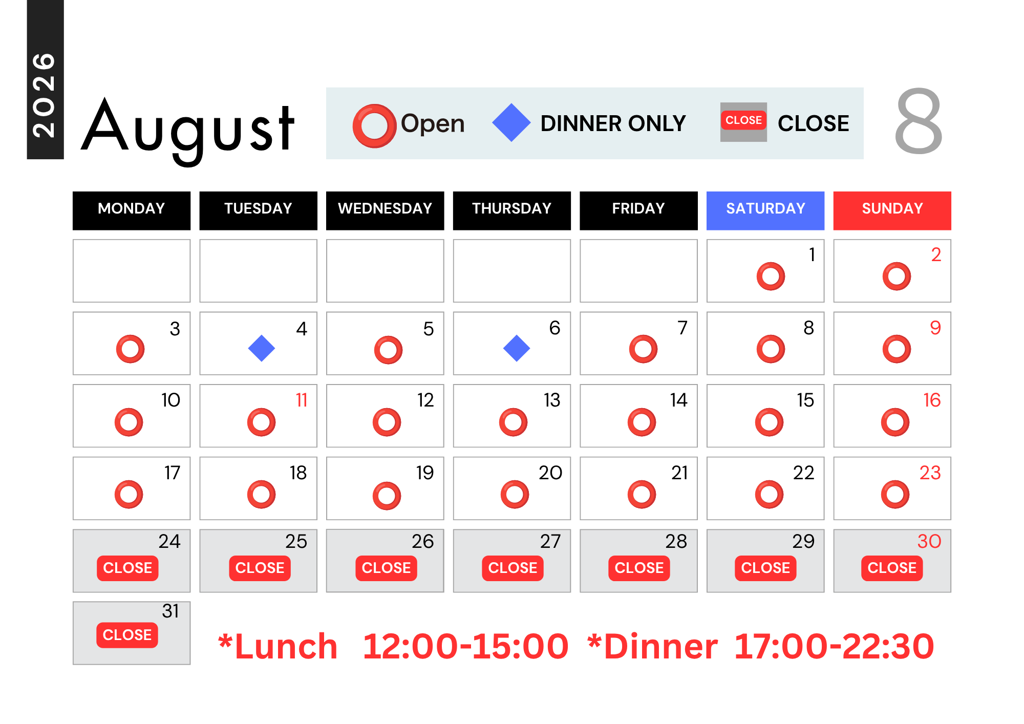 【August Business Hours & Special Notice regarding Summer Holiday / Closure】