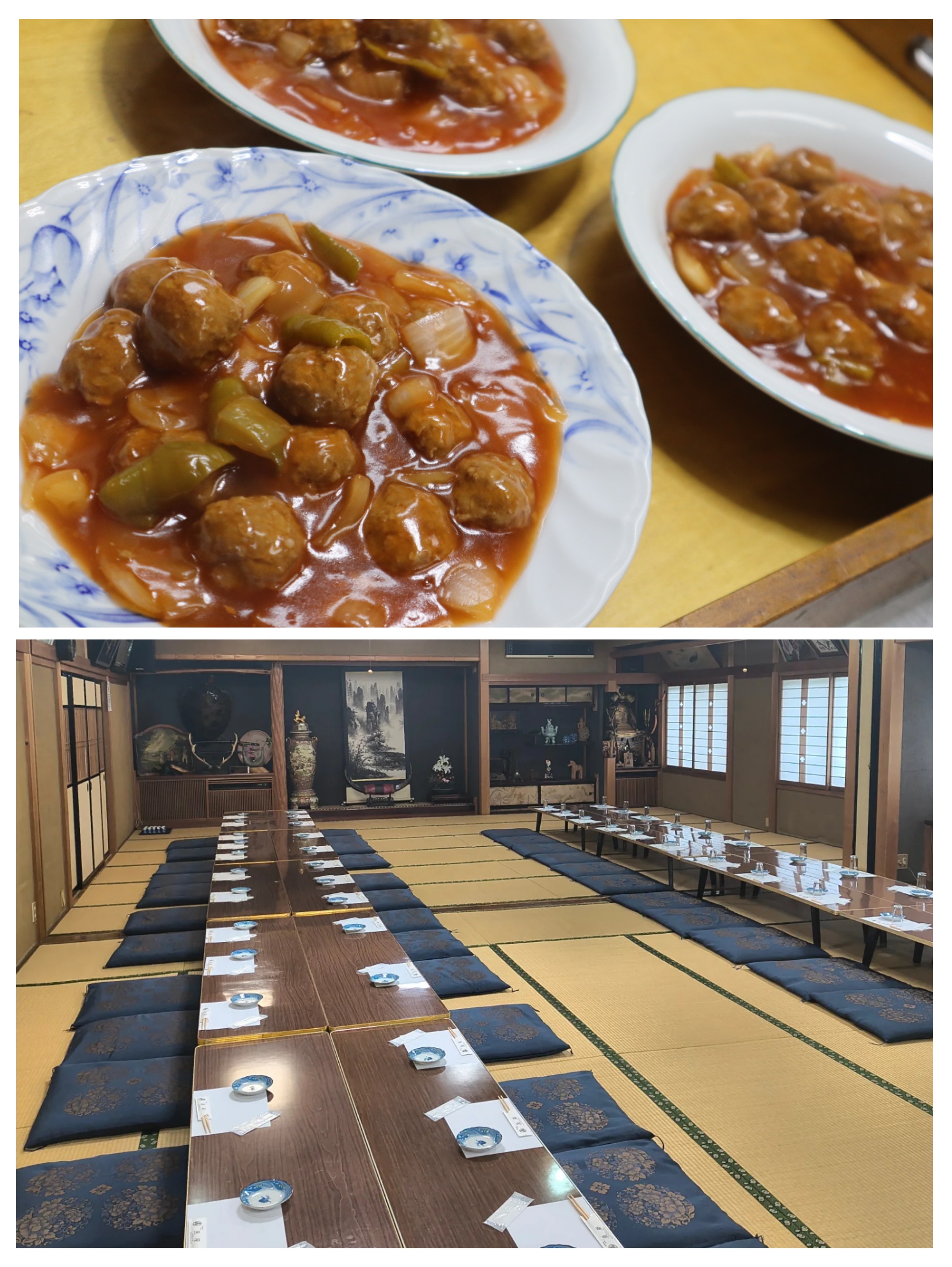 テーブル席、料理は大皿形式