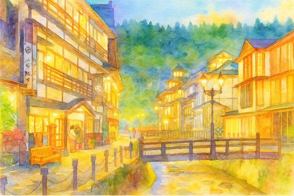 銀山温泉水彩画