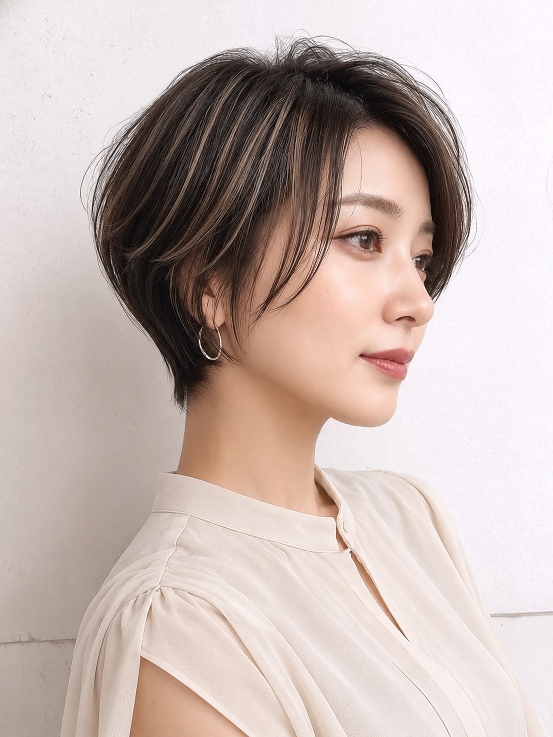白髪ぼかしハイライトのショートヘア・横顔イメージ