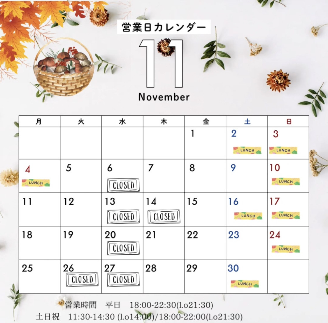 11月のお休み