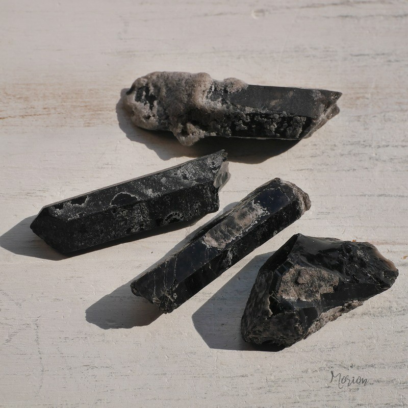 天然石モリオン4本セット(内モンゴル自治区産)黒水晶ポイント結晶鉱物☆それぞれ現物画像あり