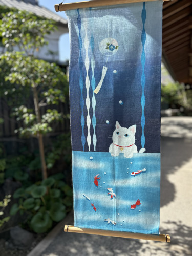 手ぬぐい「猫と金魚の夏」