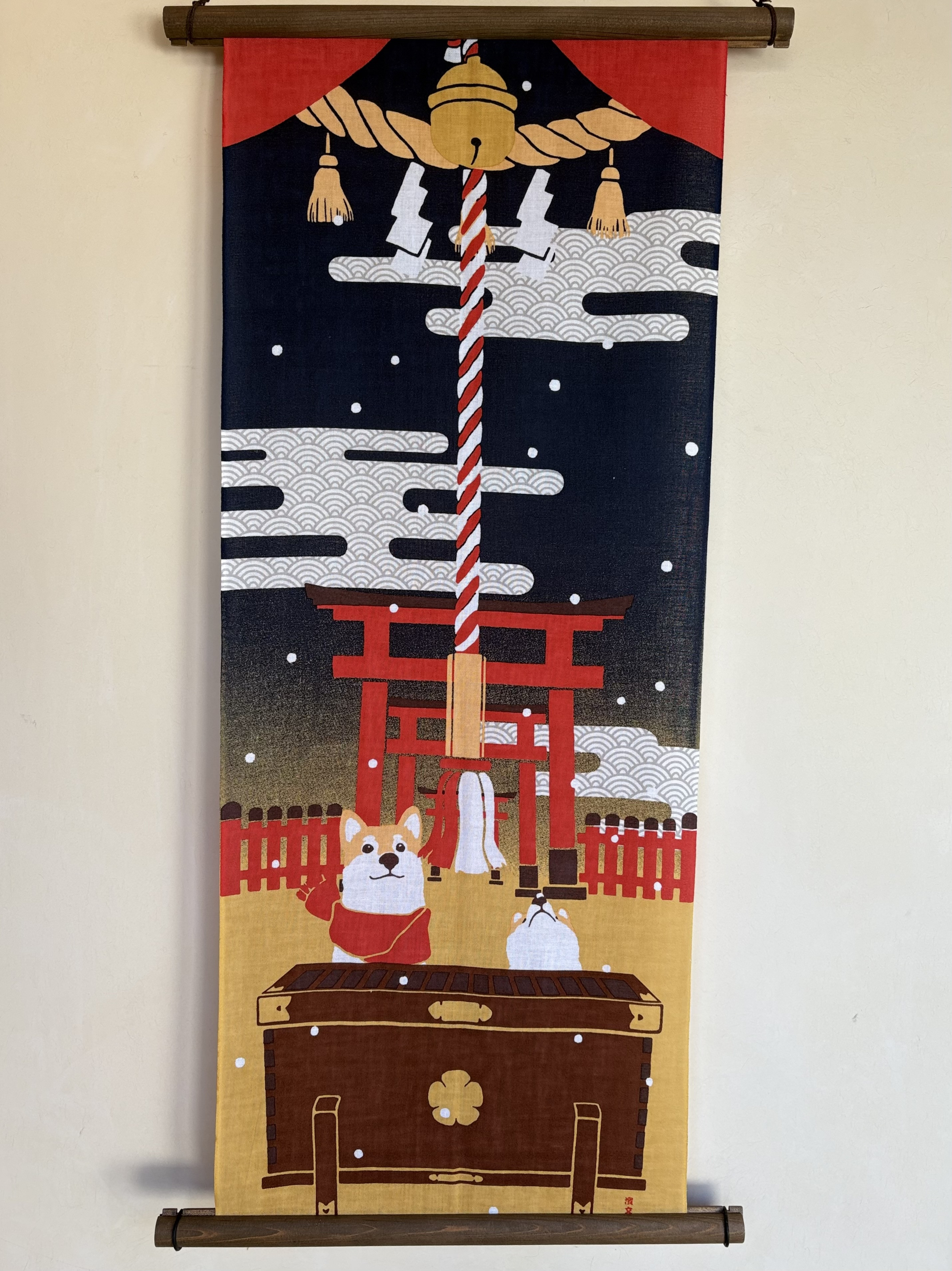 絵手ぬぐい「豆柴の初詣」