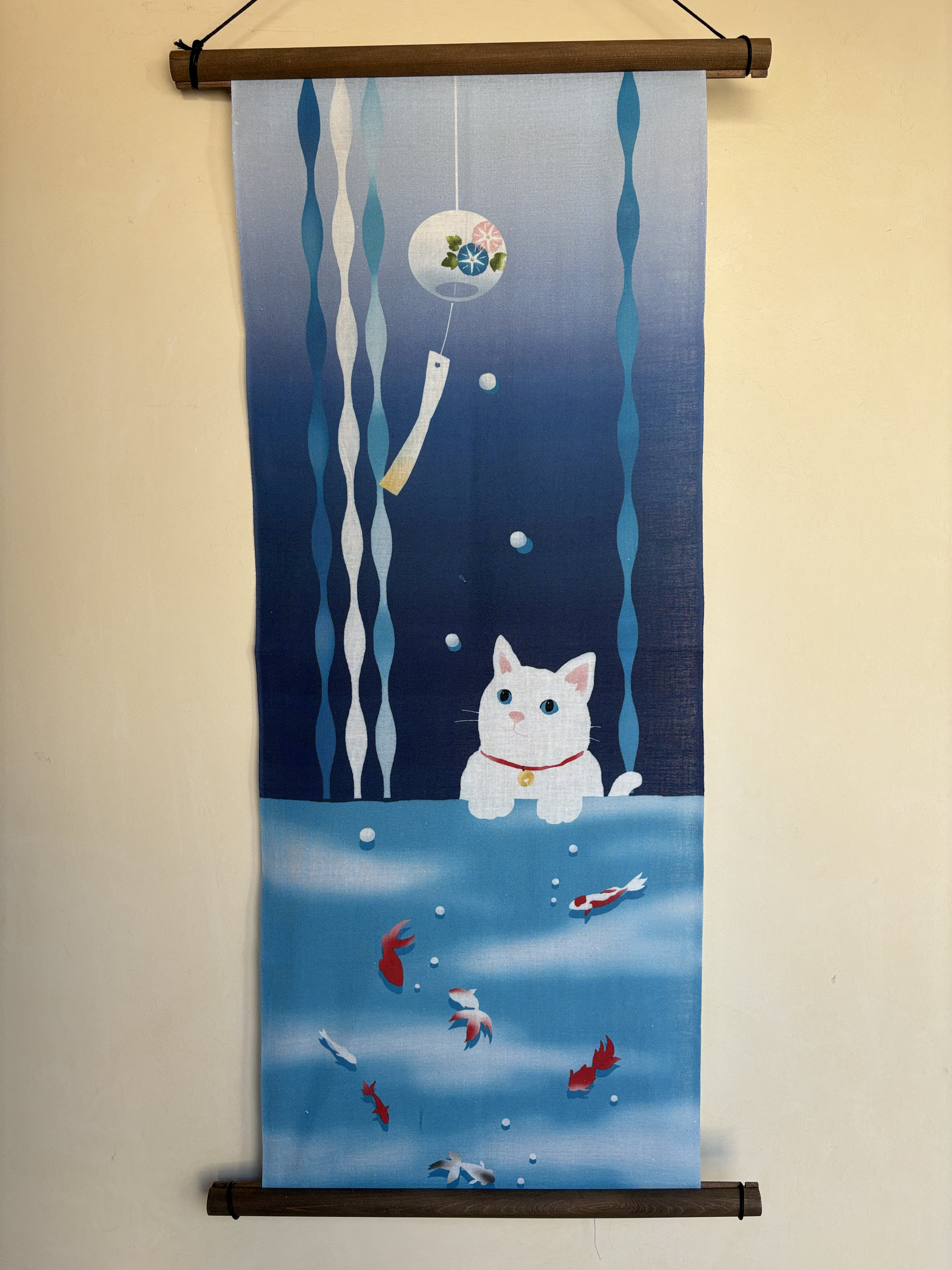 絵手ぬぐい「猫と金魚の夏」
