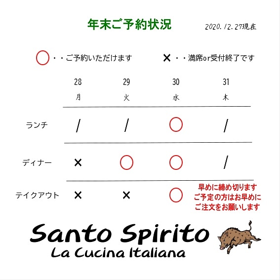 年末のご予約状況です😊