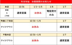 年末年始営業及び休業期間のお知らせ