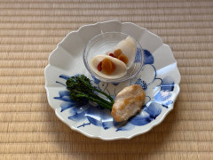 八寸・・カジキマグロの米粉揚げ・あんずの絹衣.jpg