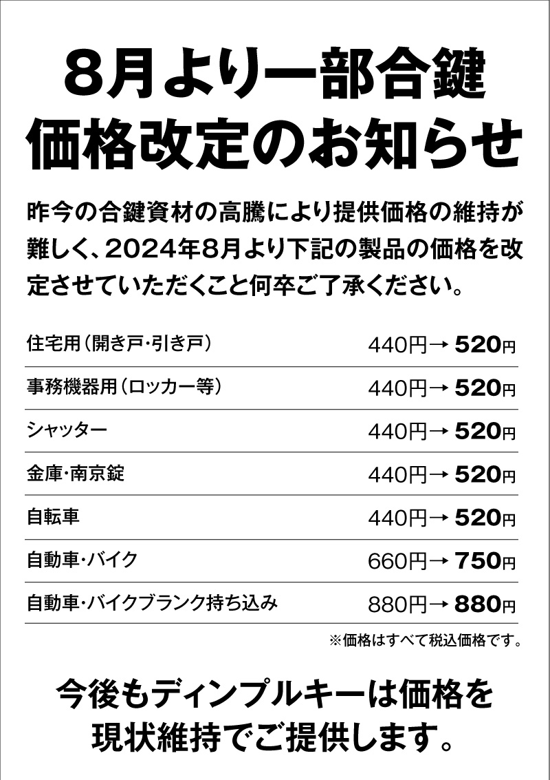 合鍵価格改定のお知らせ