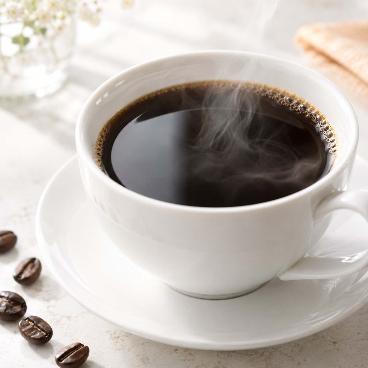 白いカップに注がれた温かいコーヒー