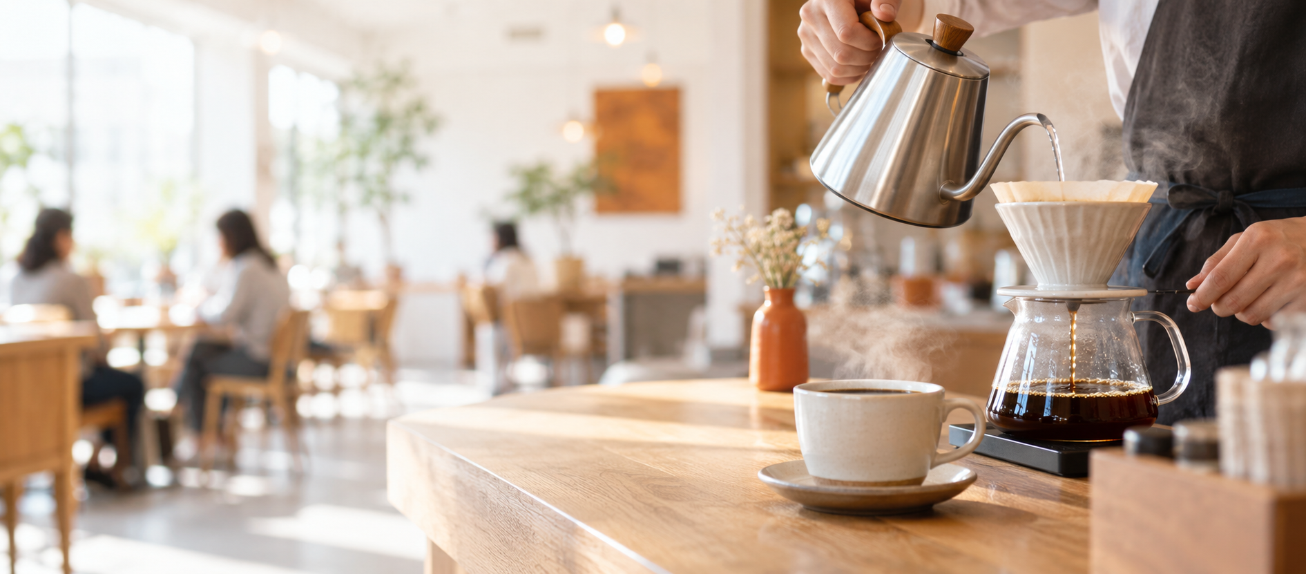 明るい店内で丁寧に淹れられるコーヒー
